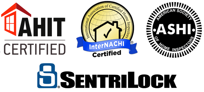 American Home Inspectors Training AHIT Certified logo, American Association of Certified Home Inspectors InterNACHI Certified logo, American Society of Home Inspectors ASHI logo, SentriLock logo